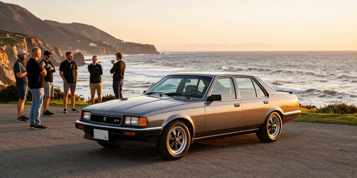 Enthusiasts admiring a classic HSV SV88 at sunset overlooking the coast.