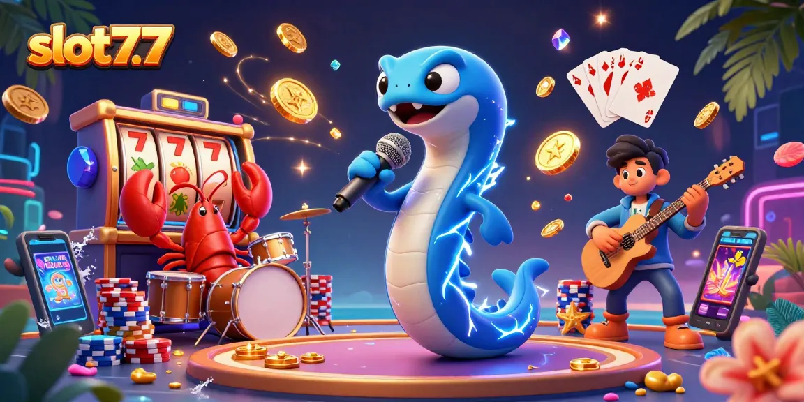 Engage with slot777's vibrant 3D casino scene featuring lucky sevens, cascading coins, and dynamic characters.