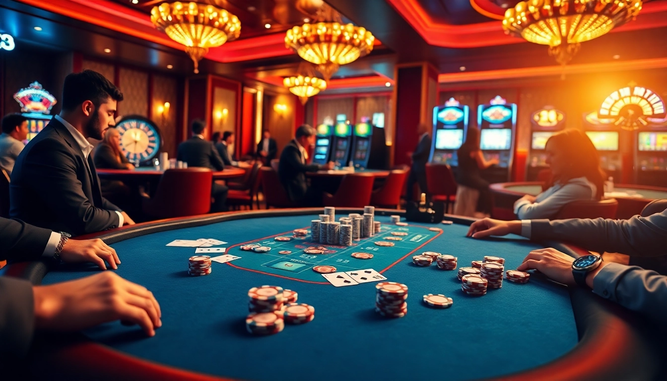 Experience high-stakes excitement at HB88's luxurious casino featuring poker tables and slot machines.