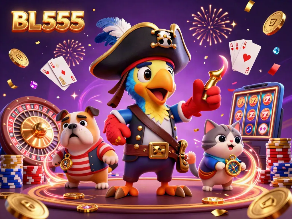 Engage with BL555's vibrant casino experience featuring a pirate captain guiding players through exciting games.