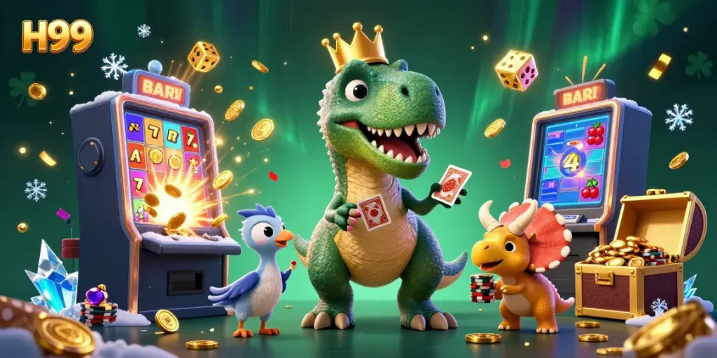 Experience H99 casino excitement with cartoon dinosaurs shuffling cards and stacking chips.