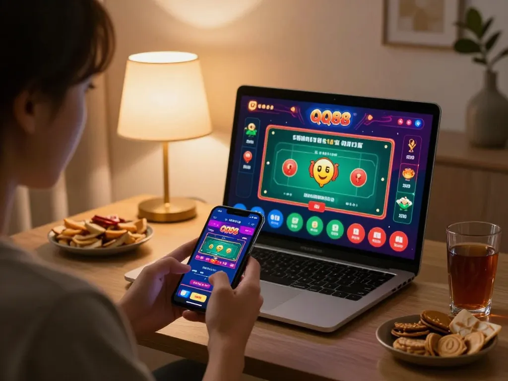 Player engaging with QQ88 app on smartphone in a cozy home setting, showcasing online gaming.