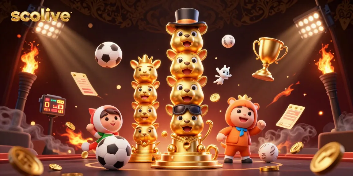 Socolive sports betting action with a fun totem pole and dynamic sports balls in a vibrant illustration.
