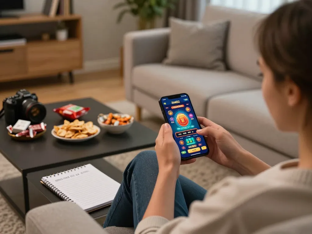 Engaging with the Sun52 mobile app on a smartphone while enjoying a cozy home atmosphere.