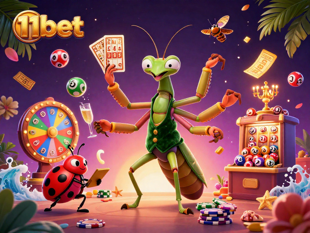 Enjoy thrilling gaming at 11bet with our lively cartoon casino scene featuring vibrant lottery elements.