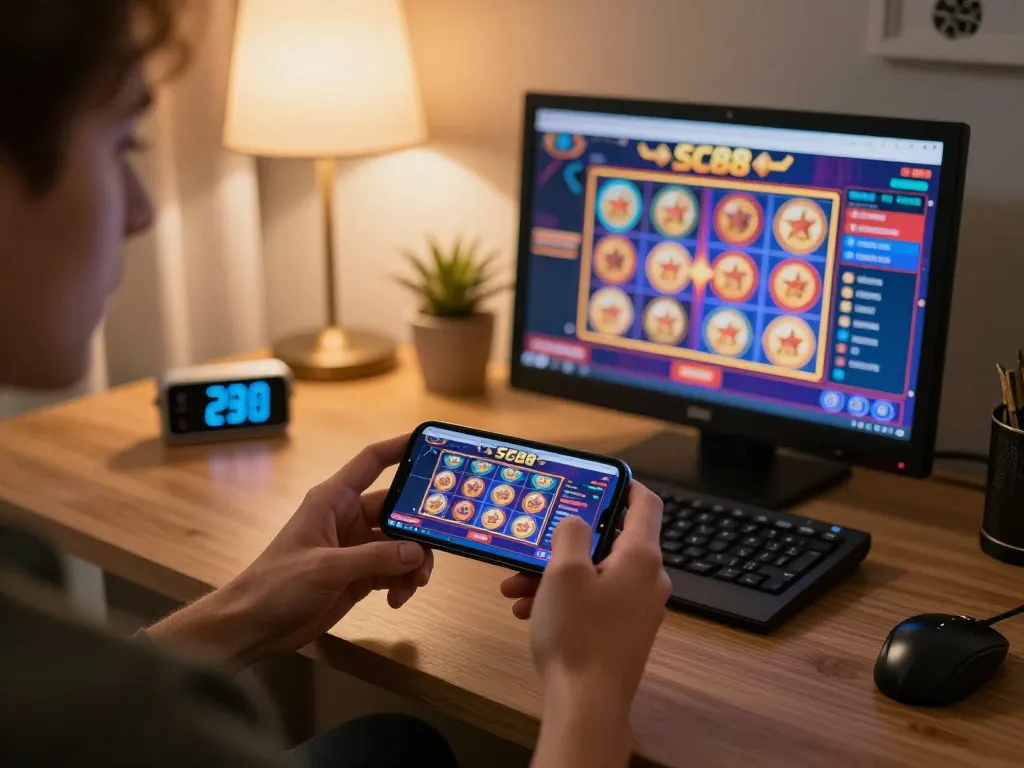 Engaging in SC88 casino app for online gaming on a smartphone in a cozy home setting
