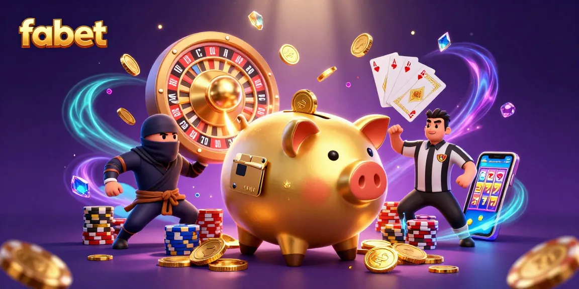 Win big at fabet with a golden piggy bank sumo wrestler and jackpot treasures surrounding him.