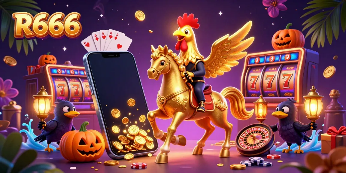 Experience thrilling gaming with R666 in a vibrant casino atmosphere, showcasing golden rooster characters.