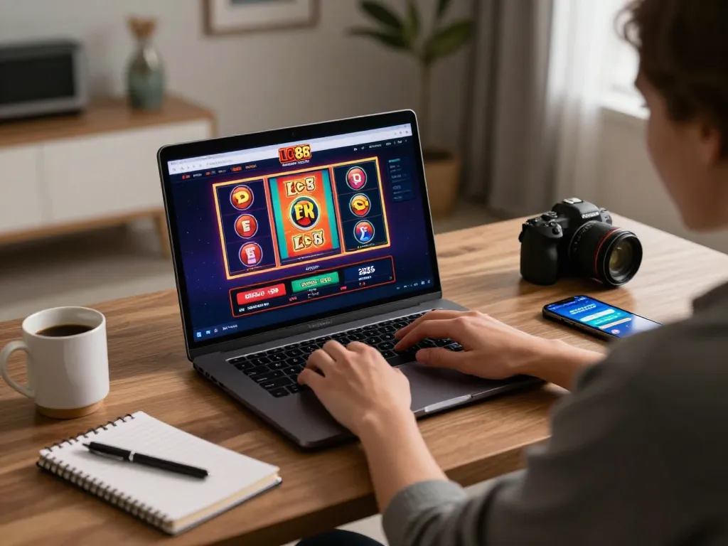 Engaging moment at LC 88 online casino with player strategizing on laptop and smartphone.