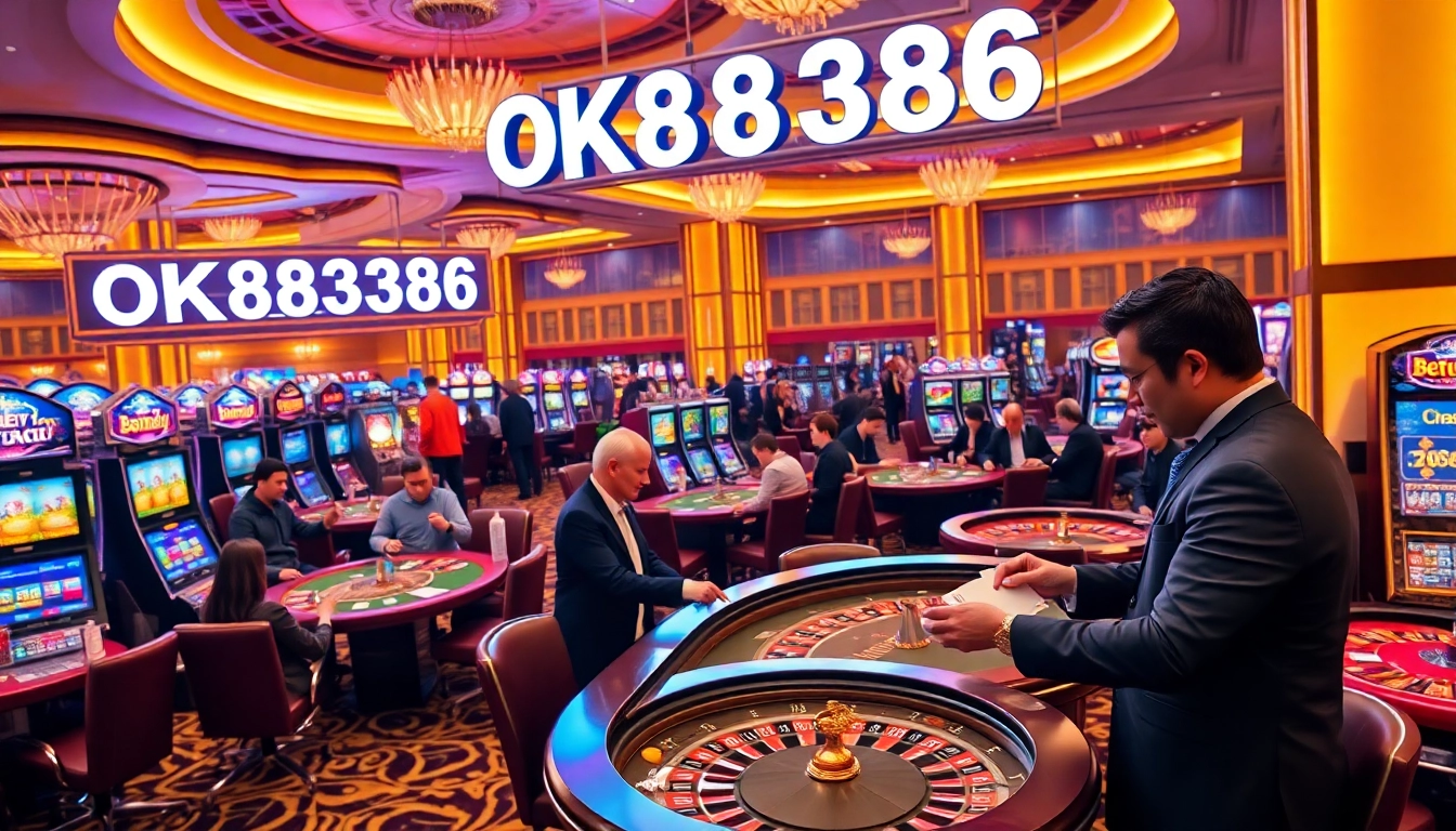 Engaging casino scene with players at poker tables and roulette wheels, featuring OK8386 elements.