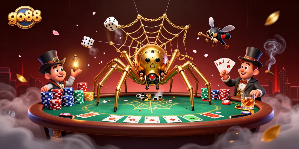 Experience the thrill of go88 with dynamic casino action featuring a steampunk spider web, poker chips, and dramatic lighting.