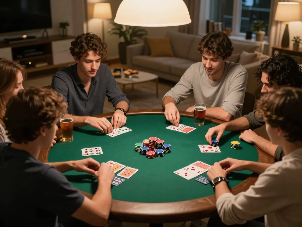 Friends enjoying a passionate poker game at home near lu88. com, showcasing colorful chips and cards.