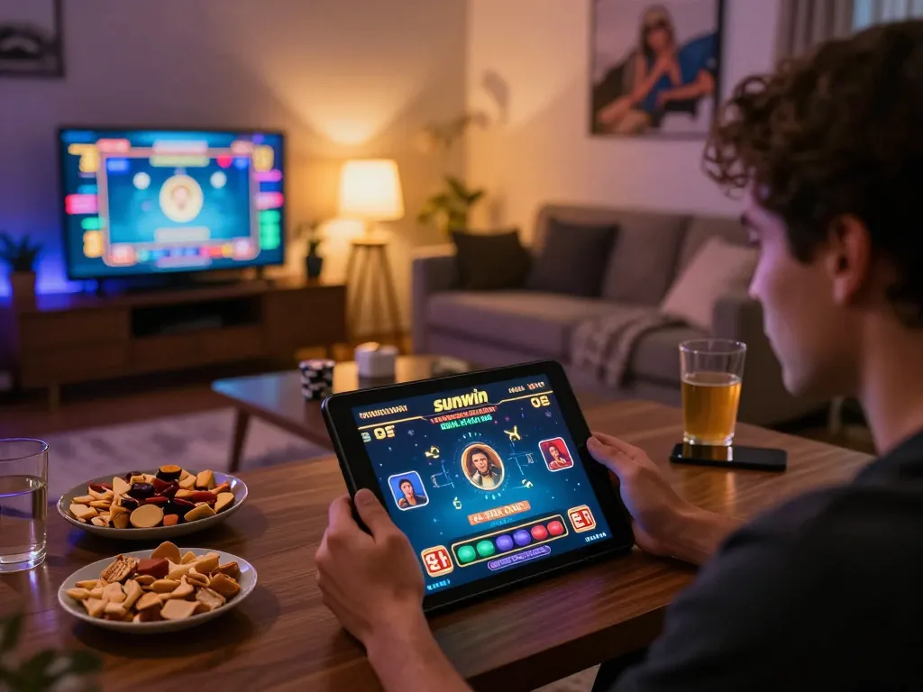 Engaging player using the sunwin app for strategic online gambling in a cozy home setting