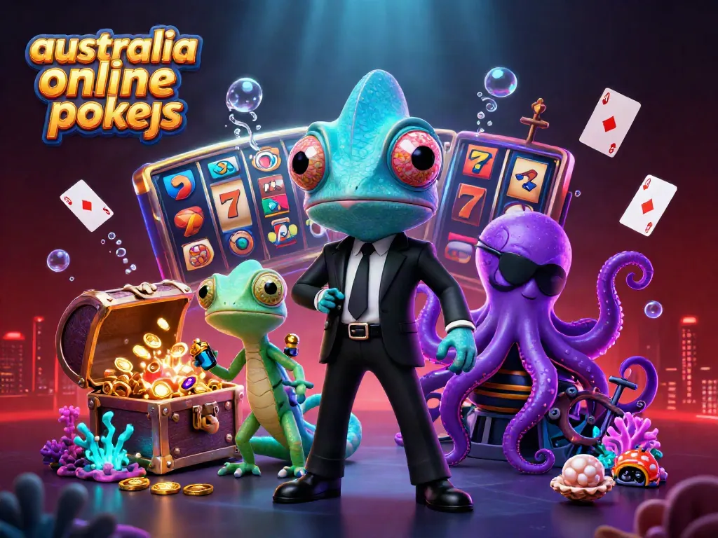 Engaging scene of 3D cartoon characters themed around australia online pokies, featuring vibrant slot reels and gold coins