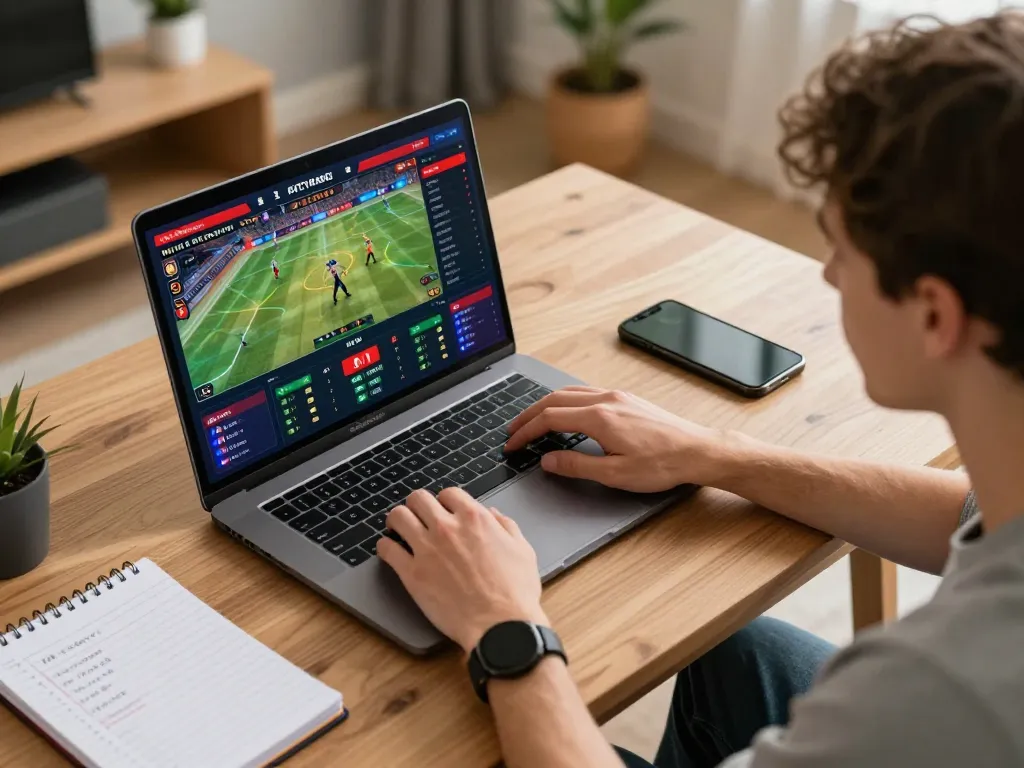 Engaging in vipwin sports betting on a laptop with strategic notes nearby