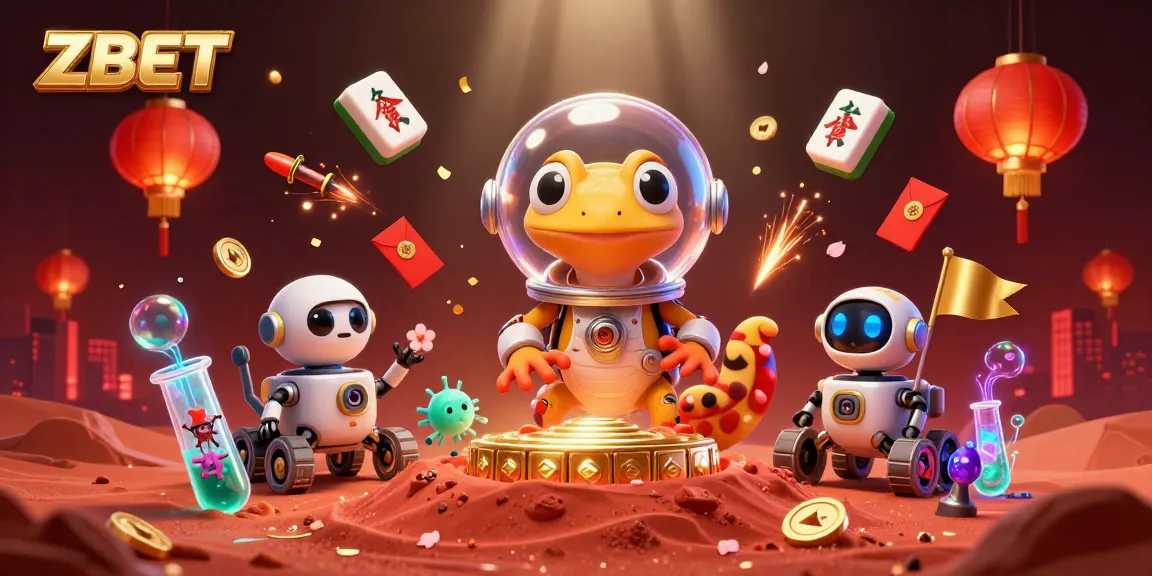 ZBET showcases a Martian gecko uncovering a casino amid glowing treasures and vibrant elements.