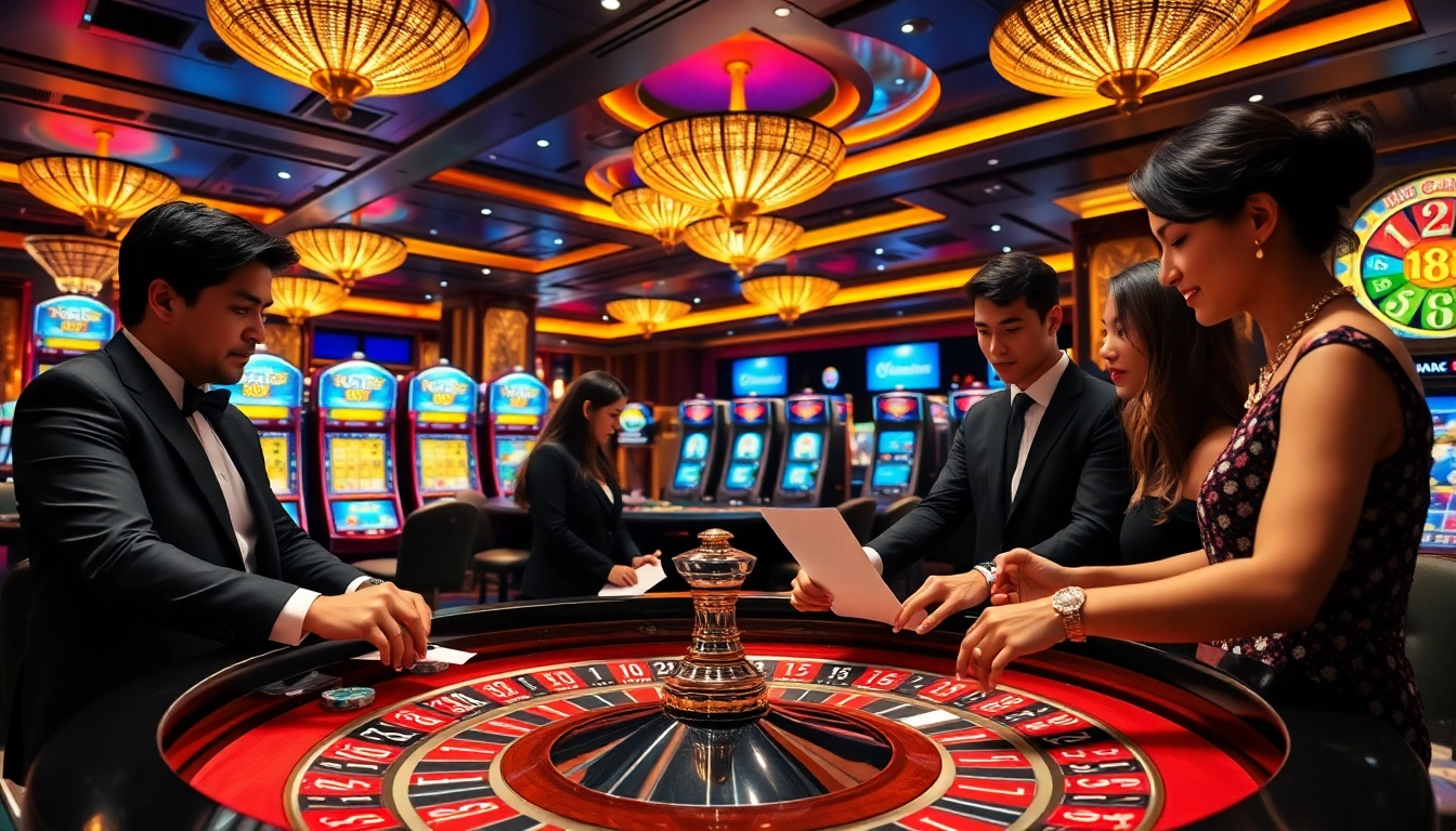 Experience the thrill of gambling at Nhà Cái 68VIP with an exciting roulette table and vibrant casino atmosphere.