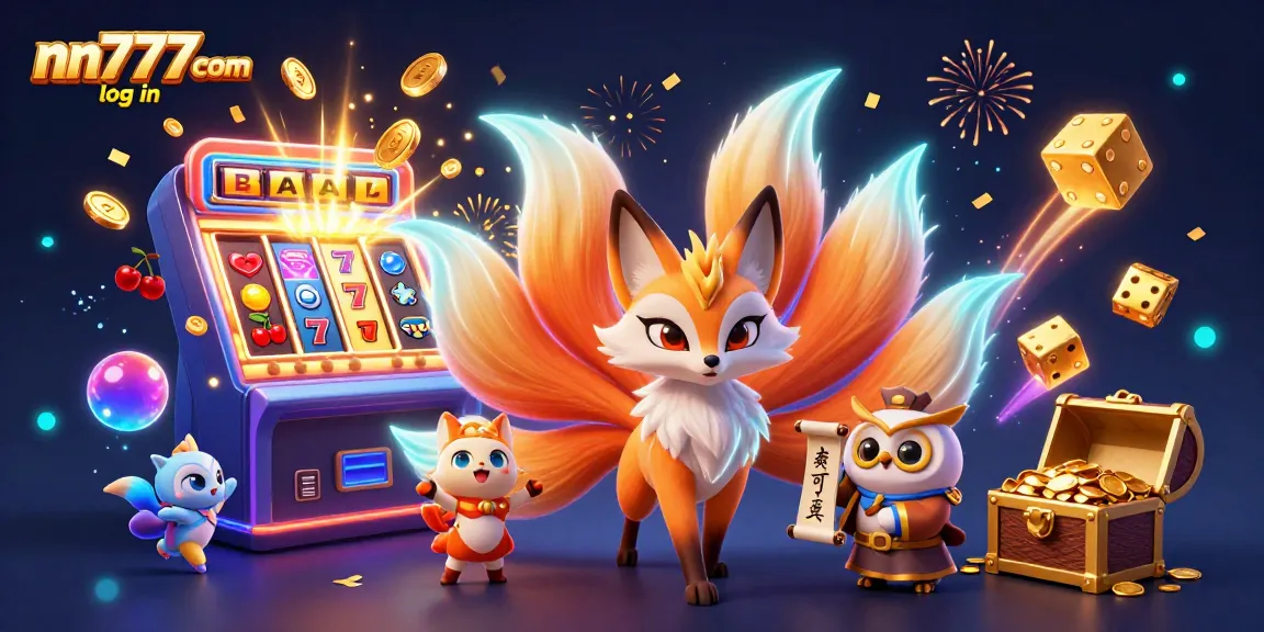 Engage with the nn777com log in platform, featuring vibrant neon characters and exciting casino elements.