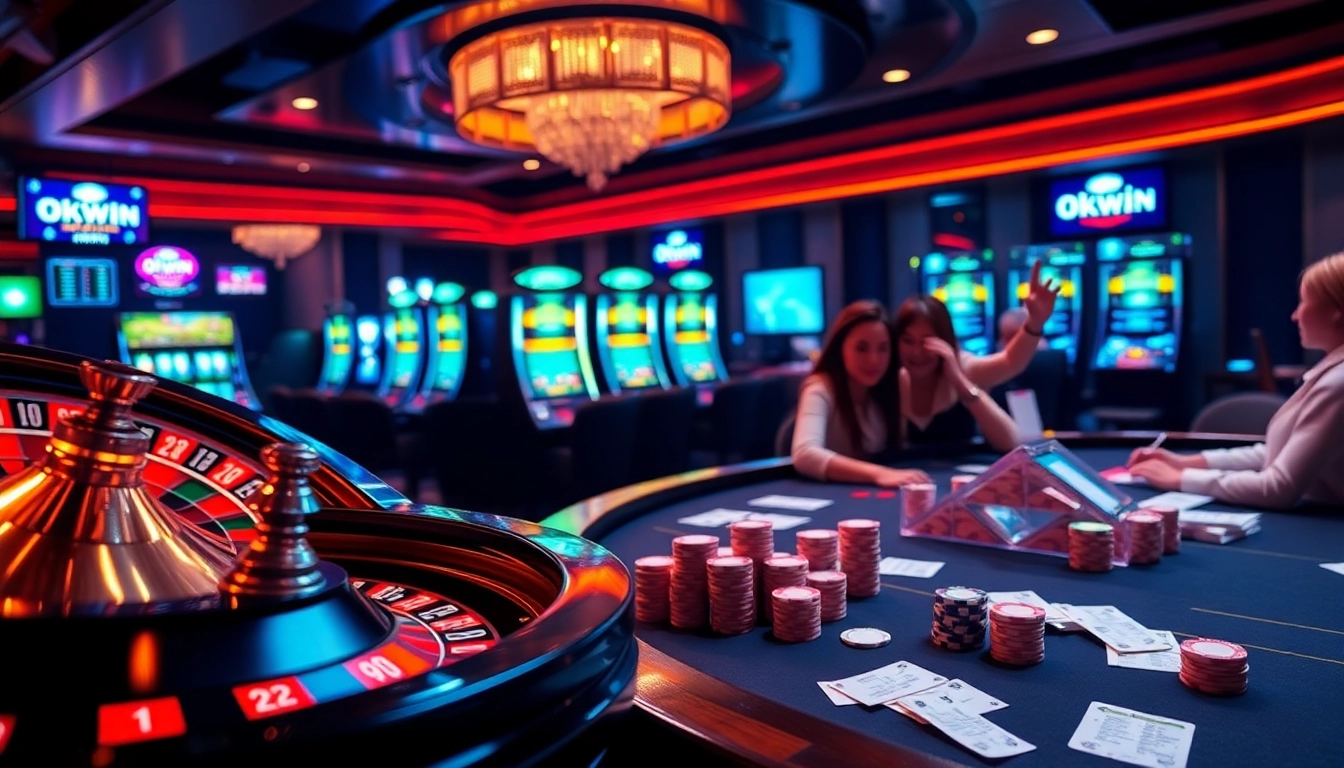 Players enjoying their winnings at a luxurious casino featuring the okwin app, with a stunning roulette wheel and poker chips.