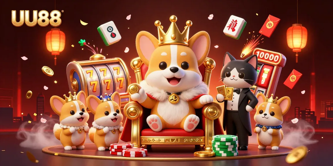 Experience the excitement of UU88 with a royal corgi on a throne of poker chips amidst a vibrant gaming scene.
