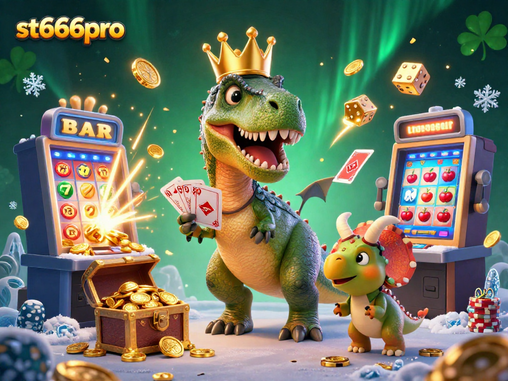 Experience excitement with st666pro as a T-Rex shuffles cards in a vibrant 3D casino scene.