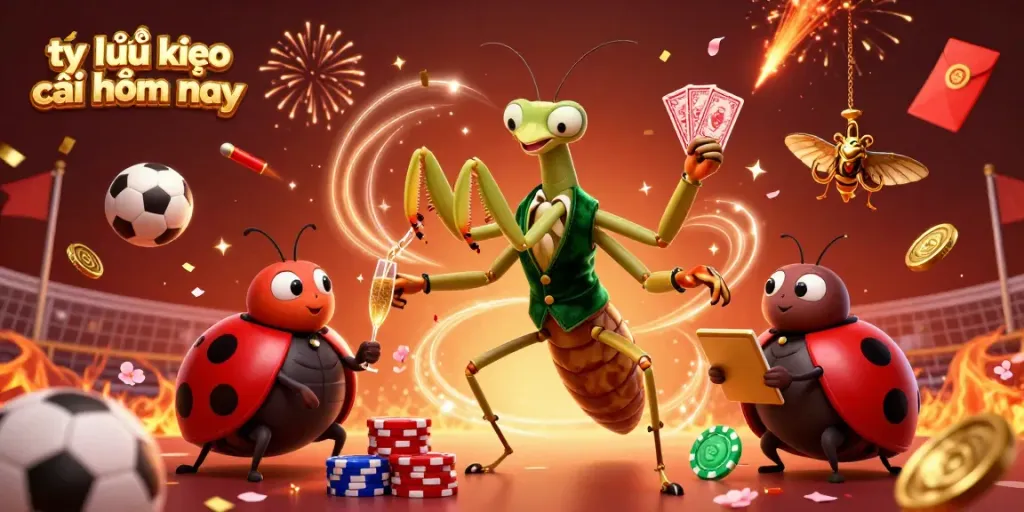Engaging illustration of tỷ lệ kèo nhà cái hôm nay featuring a giant praying mantis card sharp and a ladybug pit boss in a dynamic sports betting scene.
