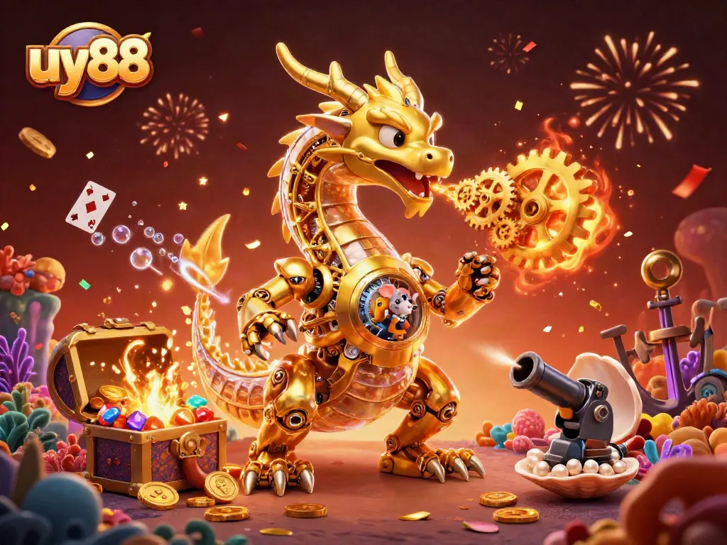 Experience the thrill of uy88 with a majestic golden dragon surrounded by casino elements and treasures.