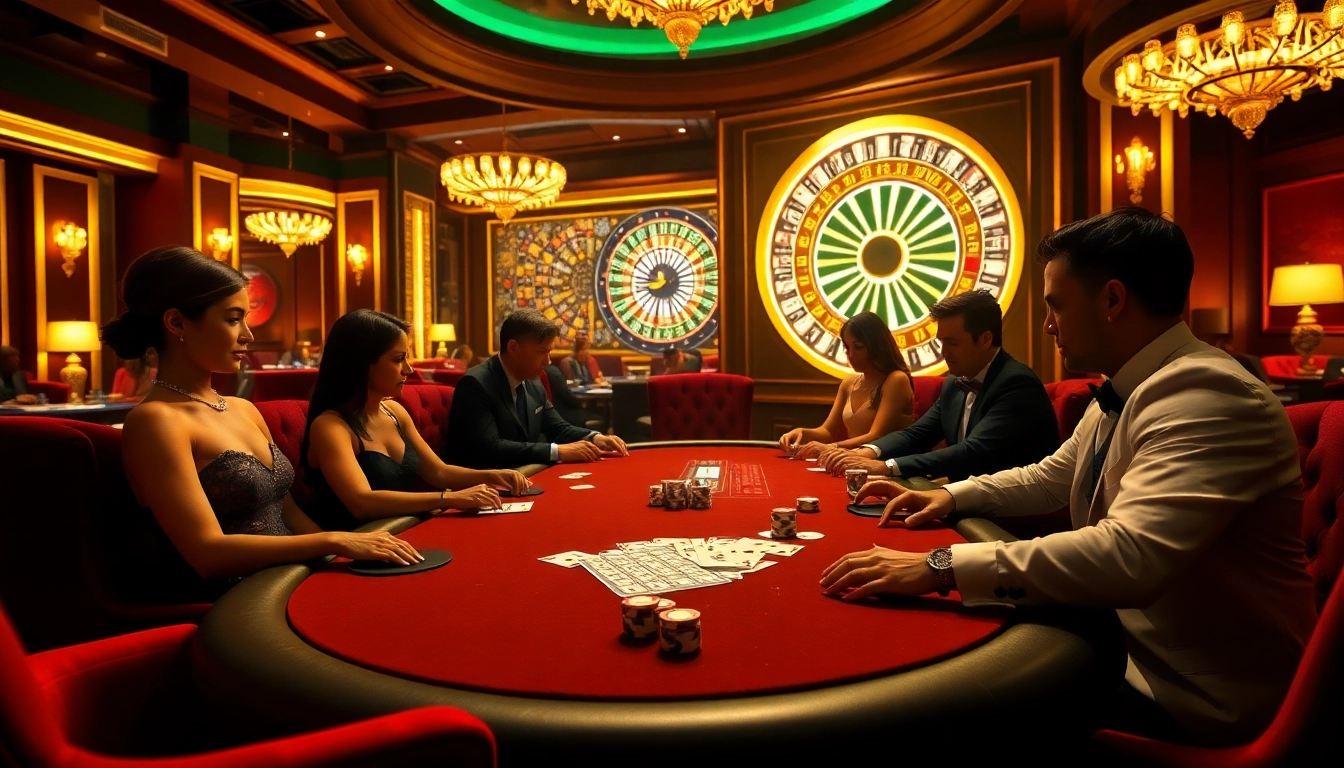 A thrilling poker scene at luck8.jpn.com showcases luxury gaming with high-stakes tables and rich decor.