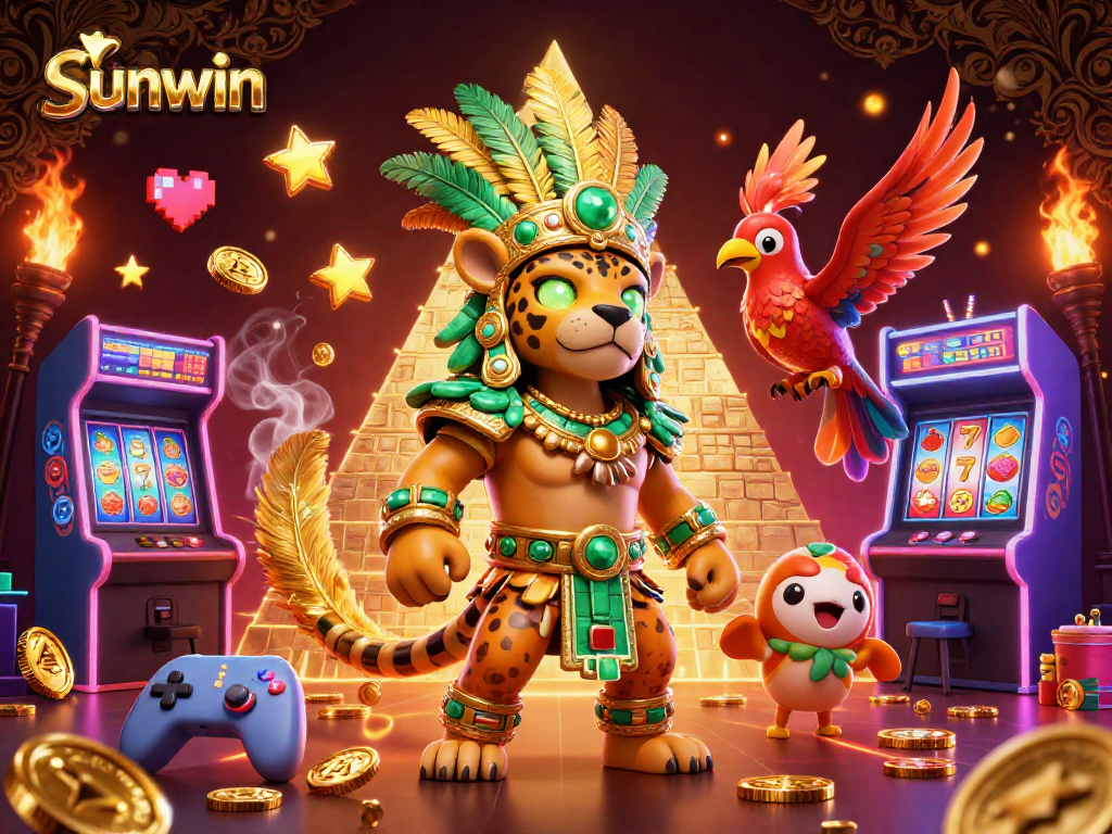 Experience thrilling gameplay with sunwin's vibrant 3D casino illustration featuring lucky symbols and characters.