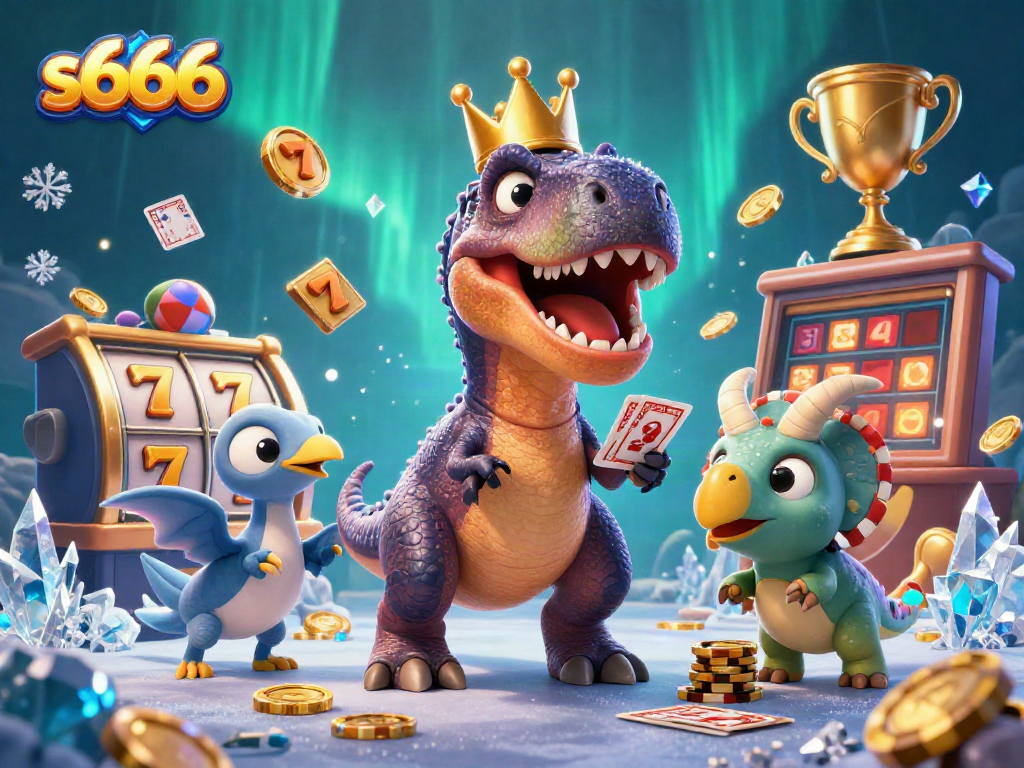 Engaging with s666 casino games, a T-Rex shuffles cards while friends stack chips.