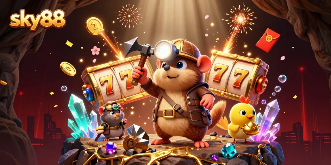 Sky88 exciting illustration of a treasure hunter mole and canary in a vibrant casino setting