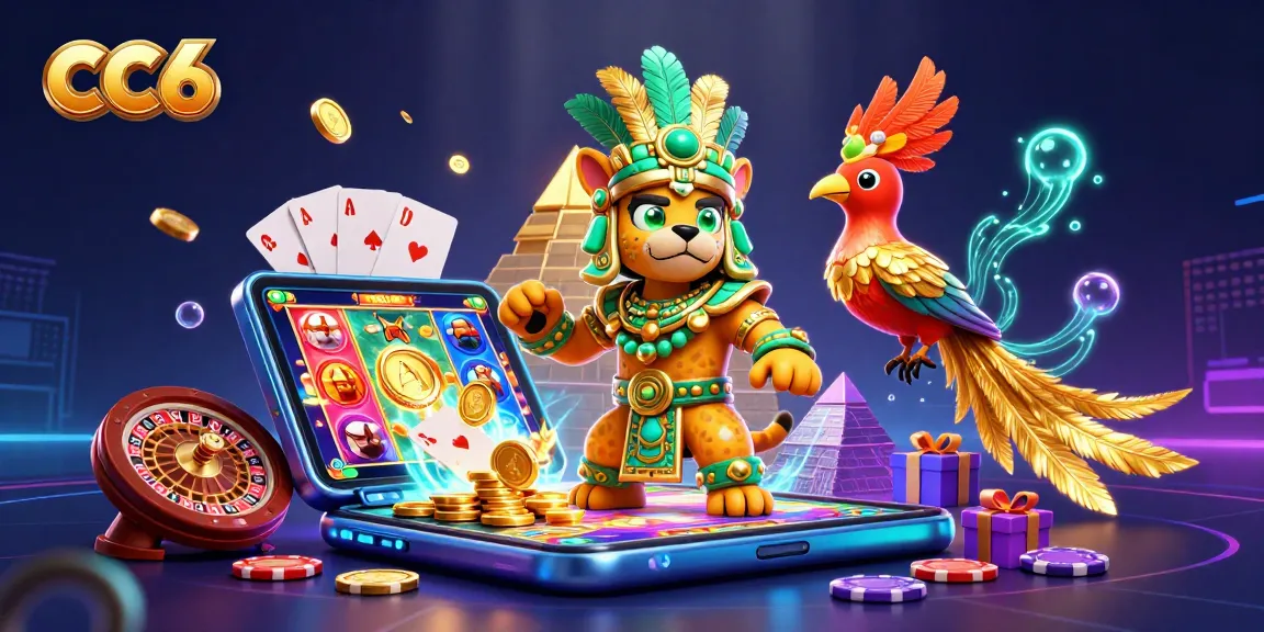 Engage with CC6's vibrant casino atmosphere featuring a Mayan jaguar priest, quetzal bird, and energetic game elements.
