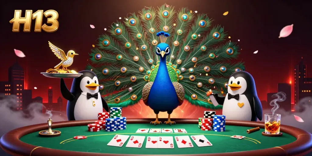 H13 elevates your poker experience with a vibrant scene of an aristocratic peacock, penguin butler, and hummingbird amidst colorful poker chips and community cards.