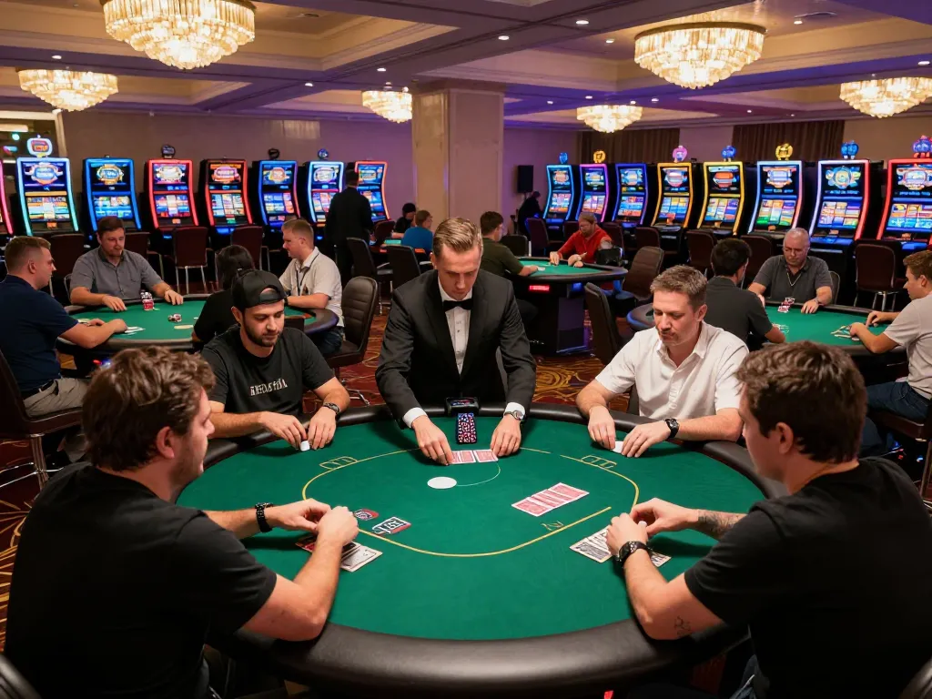 The sun win poker tournament showcases intense gameplay on vibrant green felt tables, highlighting the competitive gambling atmosphere