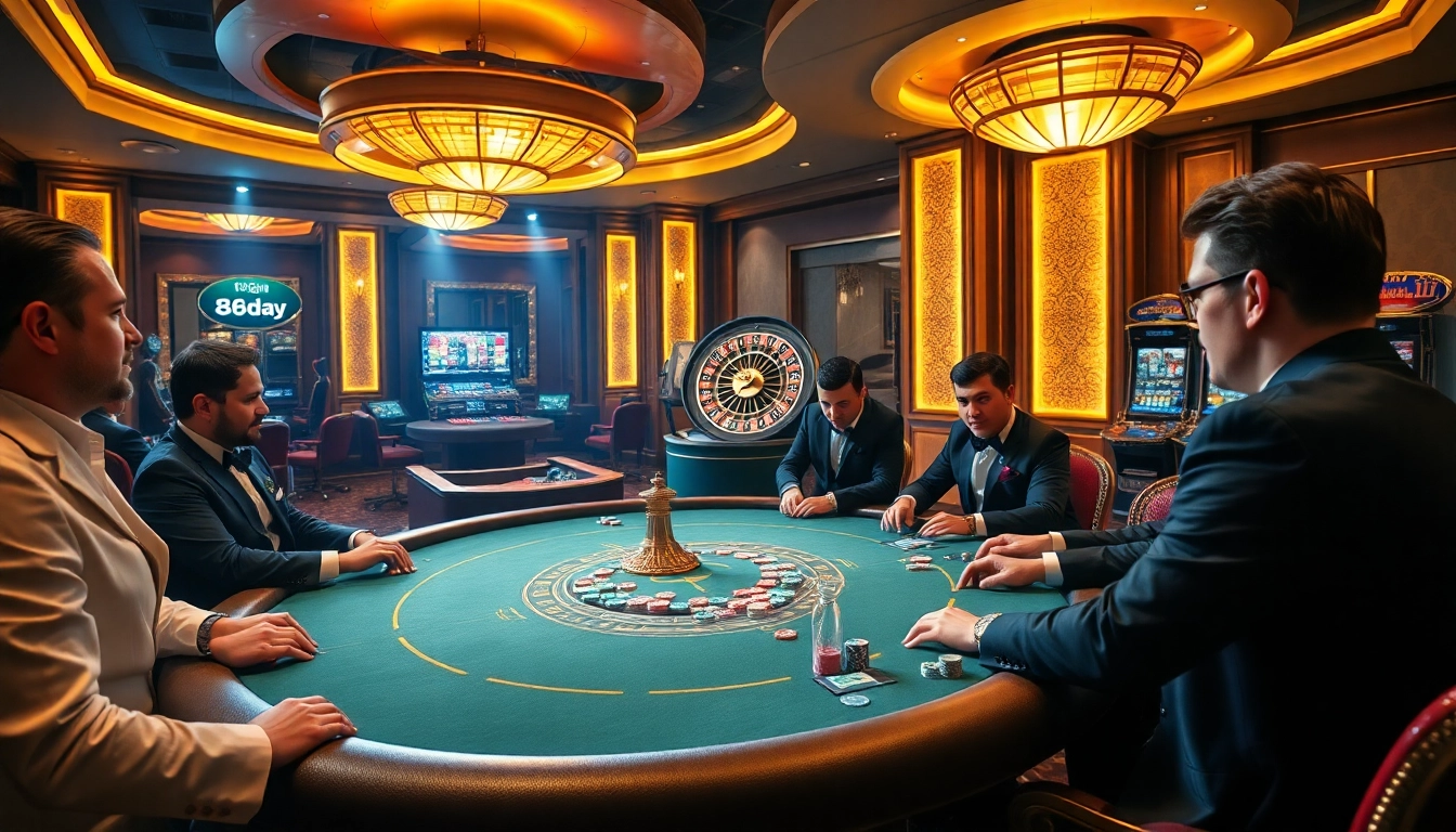 Experience the excitement of gambling at 8day with a luxurious casino setting showcasing poker games and roulette.