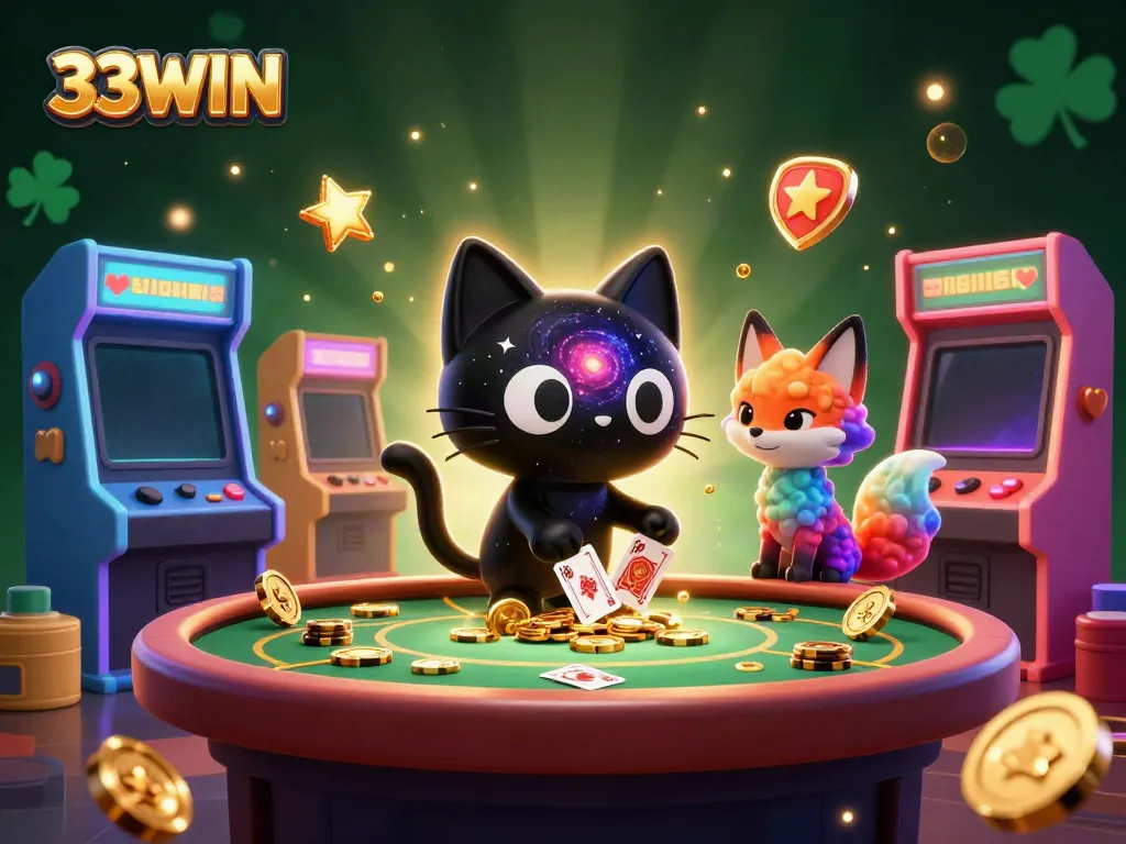 33WIN showcases a captivating cosmic casino scene with a black hole cat and nebula fox, gaming fun in 2026.