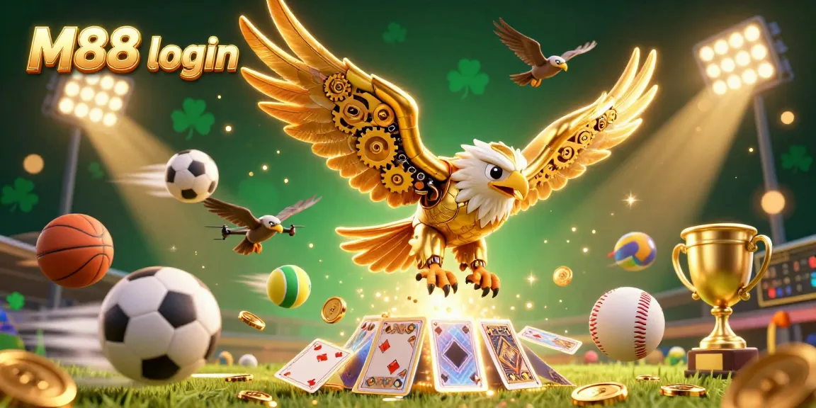 Experience the thrill of M88 login with a 3D illustration of a golden eagle diving among dynamic betting action.