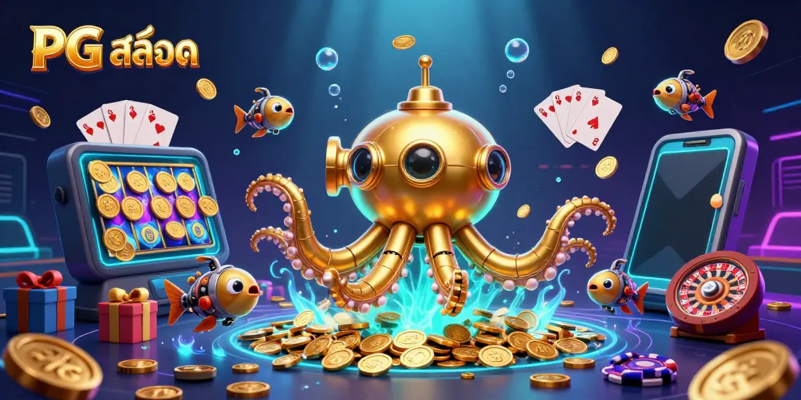 Spin and win with PG สล็อต in a vibrant 3D casino scene surrounded by golden coins and colorful gaming elements.