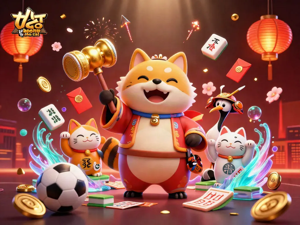 Engage with the exciting ty le keo nha cai scene filled with lucky tanuki, sports elements, and vibrant celebration.