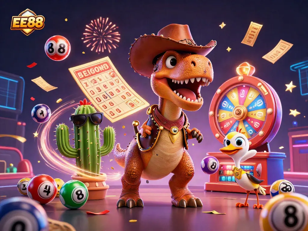 Experience the thrill of EE88 as a T-Rex cowboy and friends celebrate with lottery elements in a vibrant casino scene.