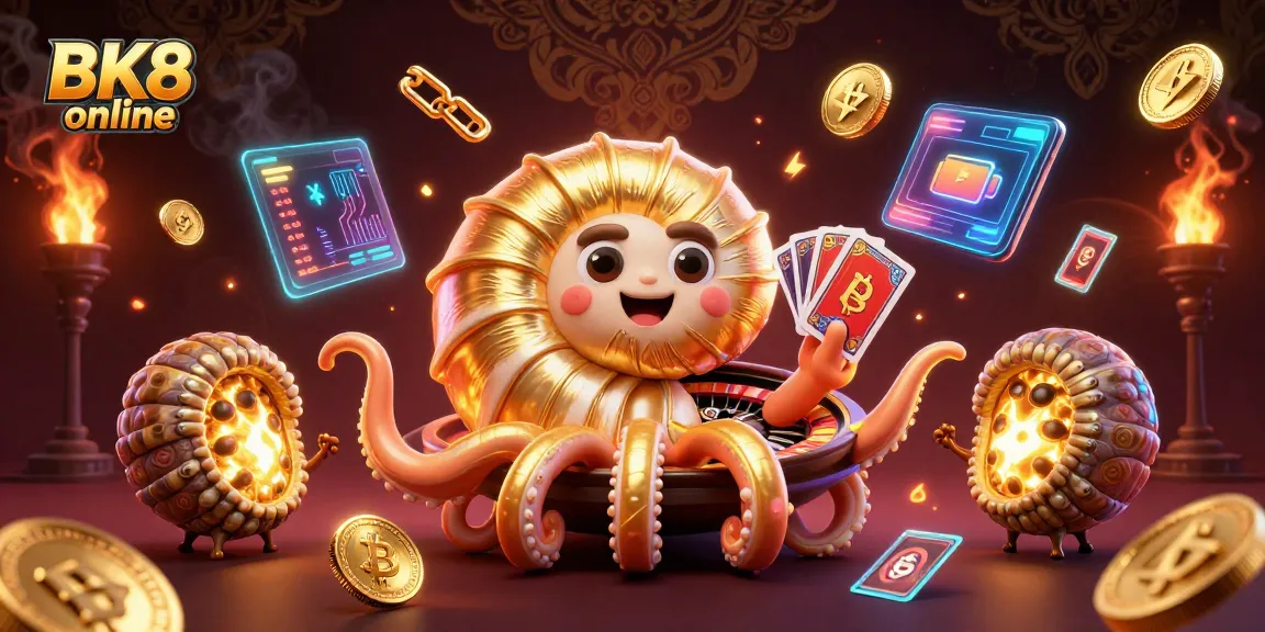 Experience the thrill of BK8 online with a vibrant 3D casino scene, featuring glowing crypto elements and a roulette wheel.