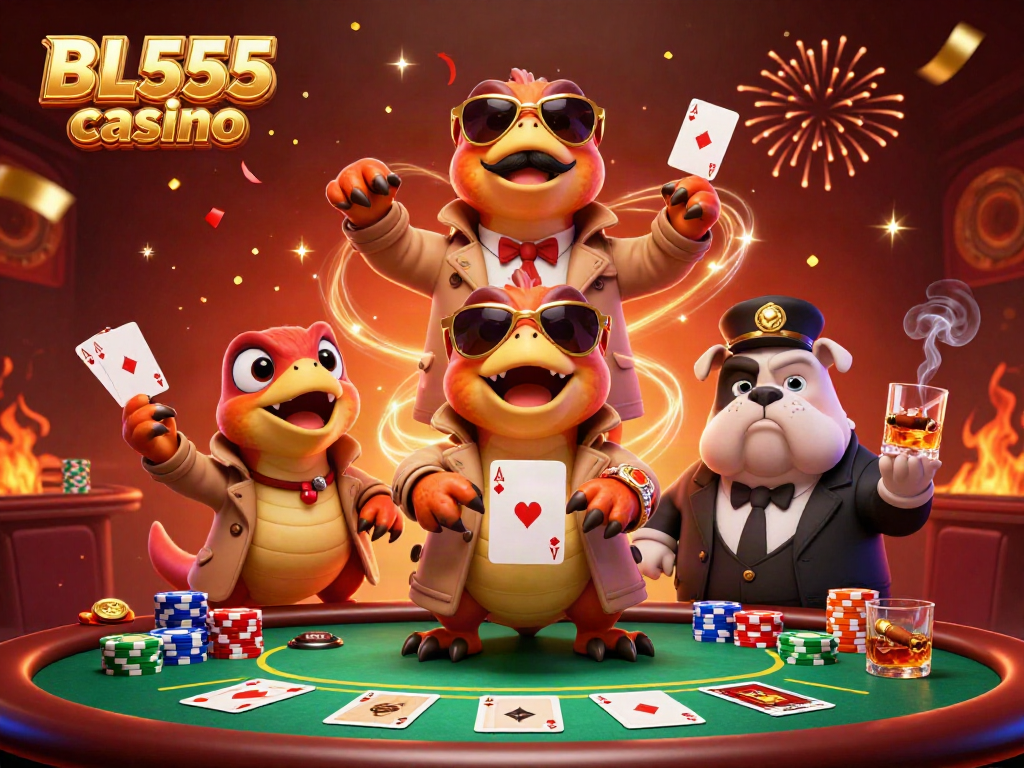 Raptors in disguise at BL555 casino, attempting entry with poker elements surrounding them.