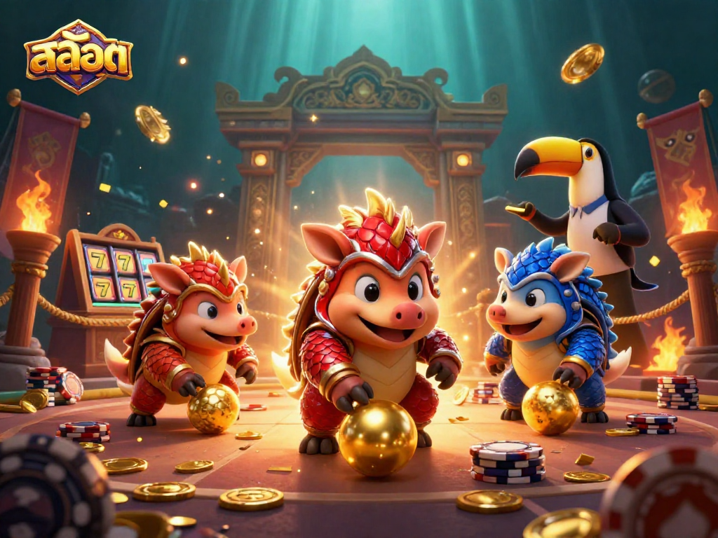 Experience engaging สล็อต gameplay with rival pangolins bowling through poker chips; vibrant casino scene.