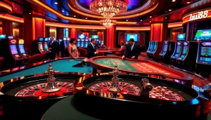 Experience thrilling gameplay at uu88's modern casino with poker tables and slot machines.